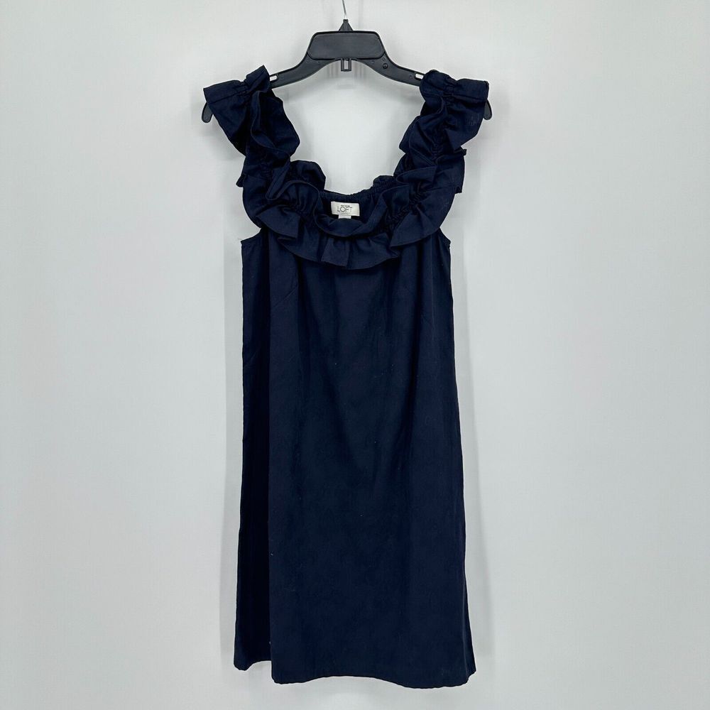 Ann Taylor Loft Shift Dress Womens 6 Blue Off The Shoulder Ruffle Textured Mini